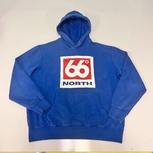 66 Degrees North Iceland Hooded Sweatshirt Size Large Blue w/ Logo